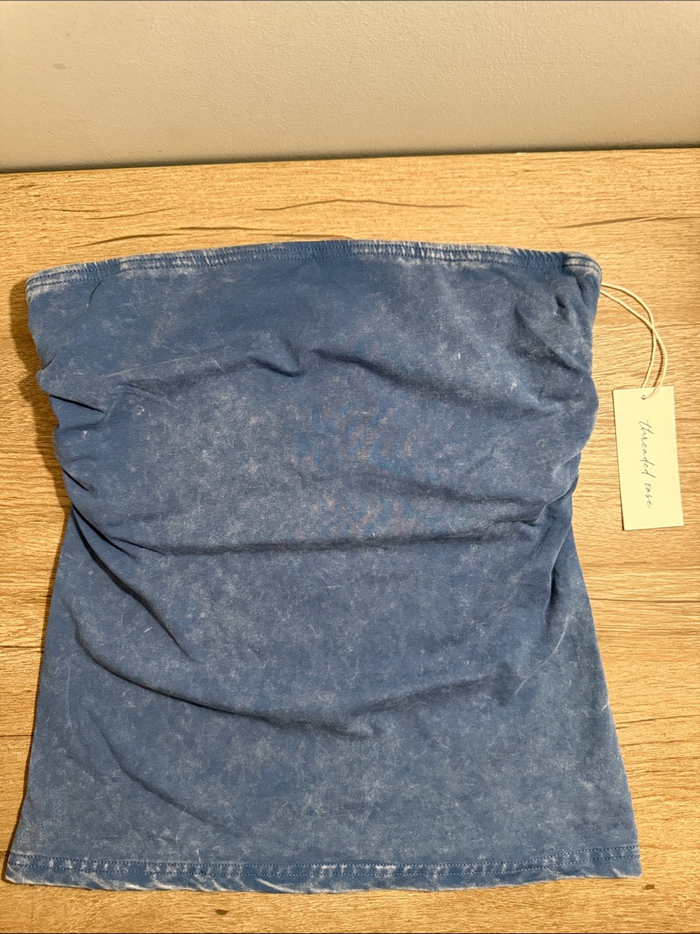 Threaded Rise Blue Mineral-Wash Strapless Crop Top